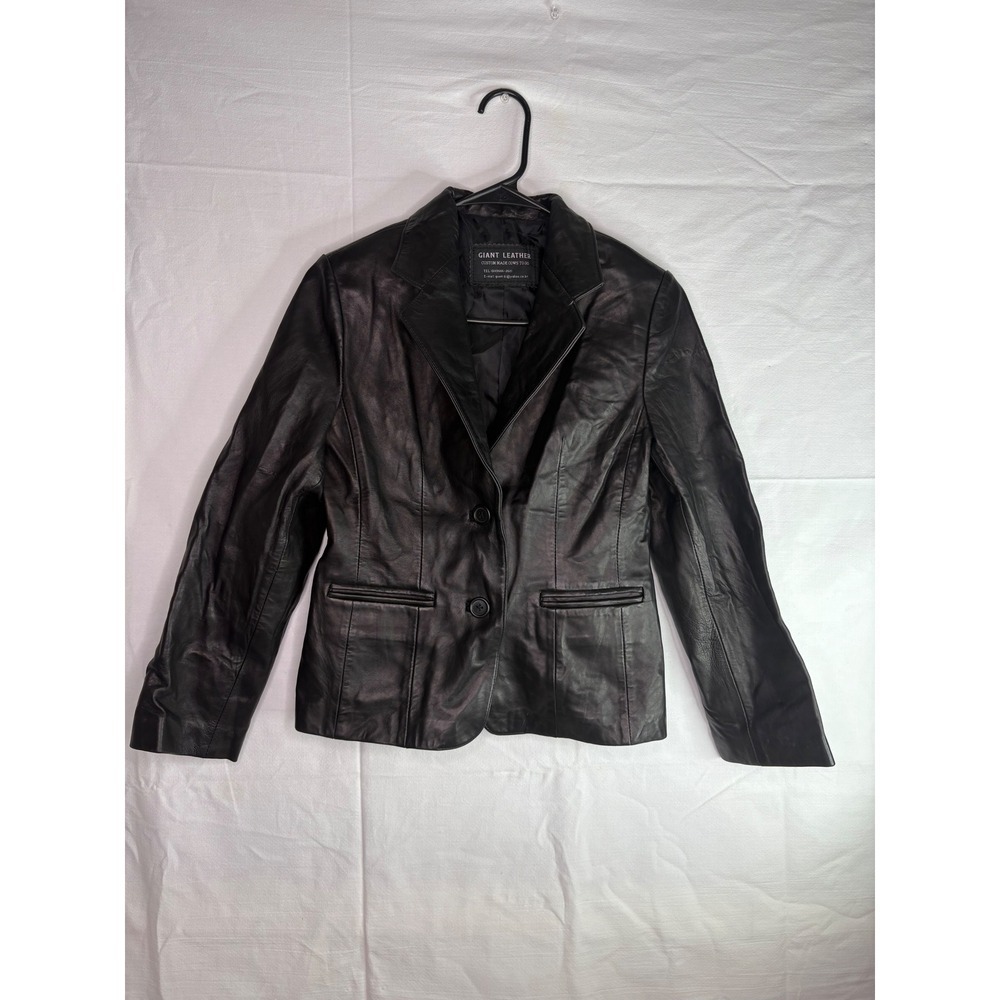 Giant Leather Black Genuine Cow Leather Two Button Blazer Jacket Custom Made